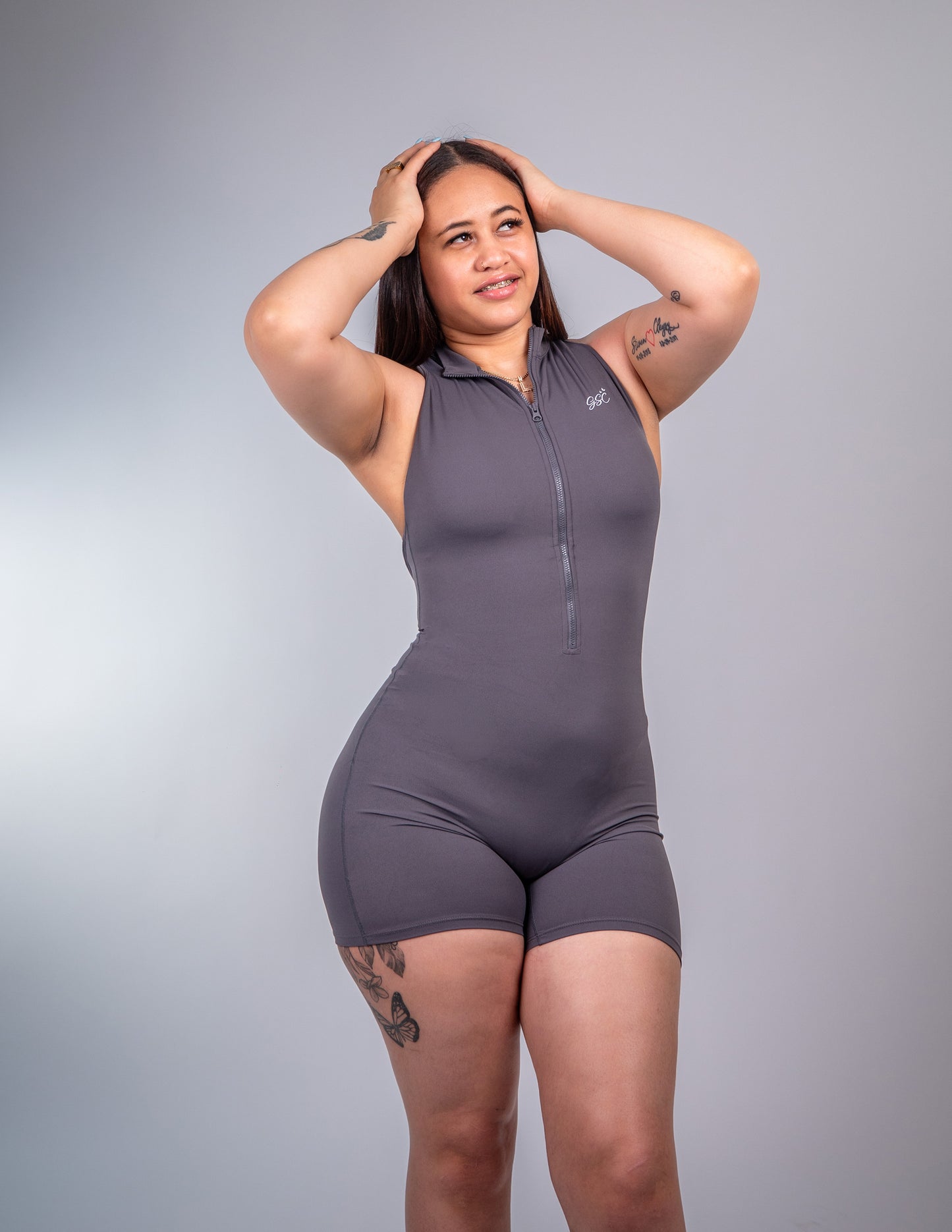 grey sleeveless zip up bodysuit