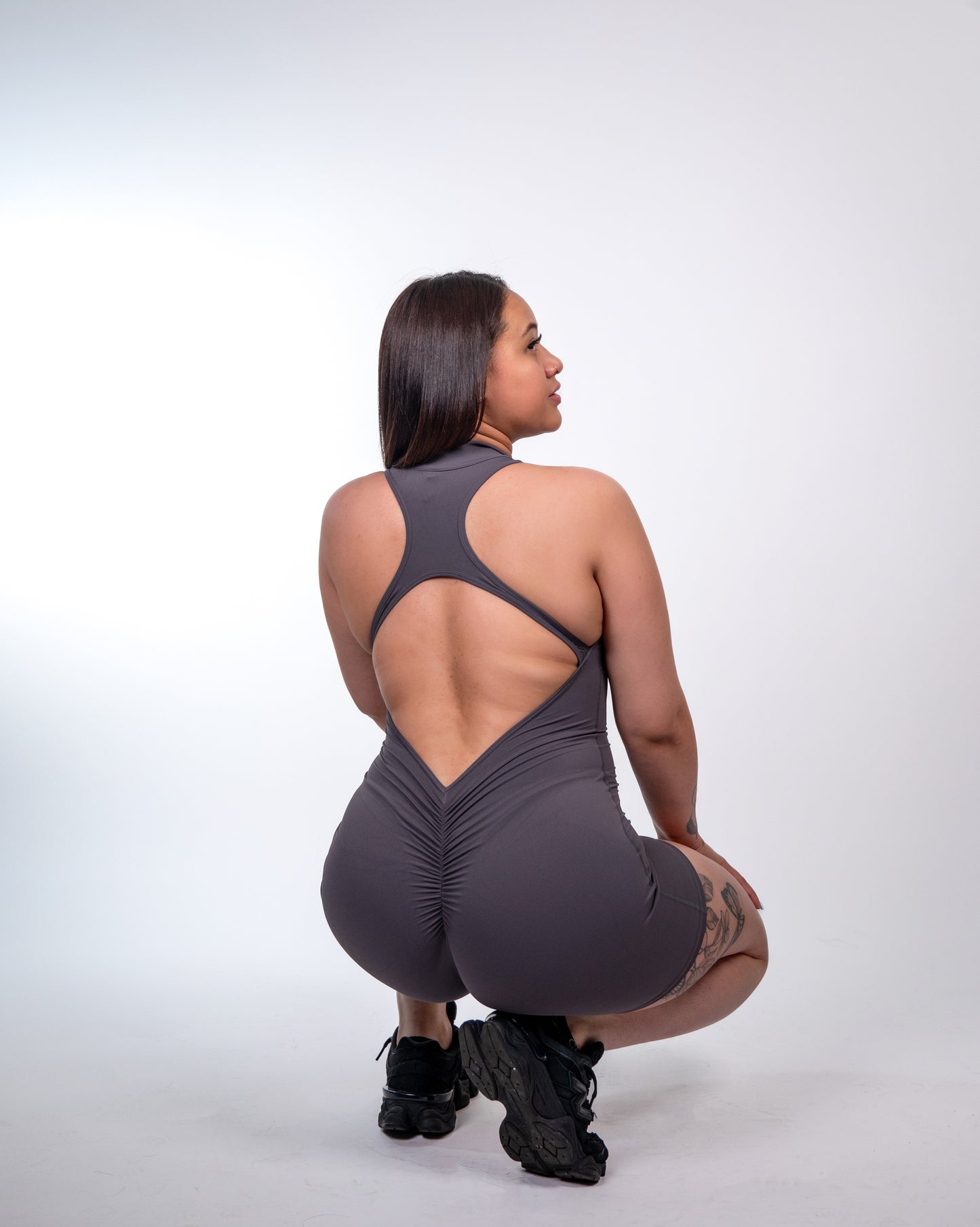 grey sleeveless zip up bodysuit