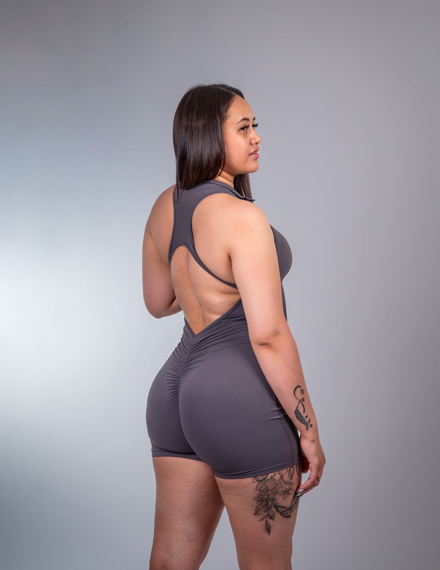 grey sleeveless zip up bodysuit
